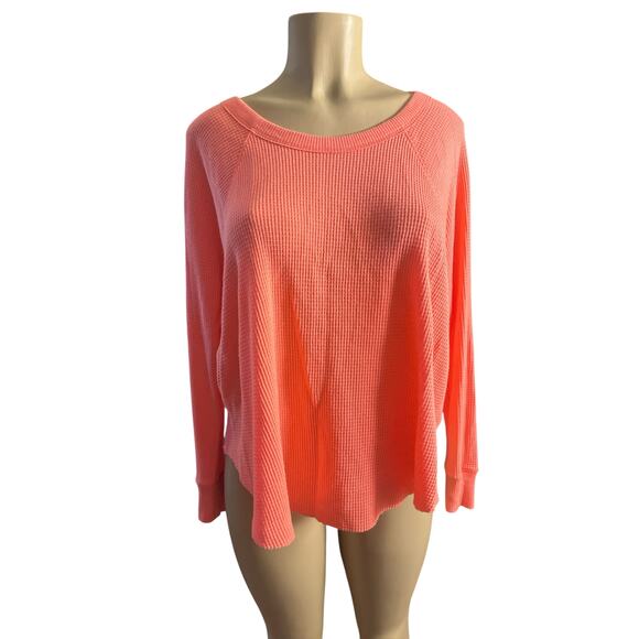 Women XS We The Free People Waffle Thermal Knit Blouse Shirt Top Tee Neon Pink - Picture 2 of 6